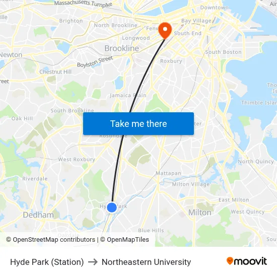 Hyde Park (Station) to Northeastern University map