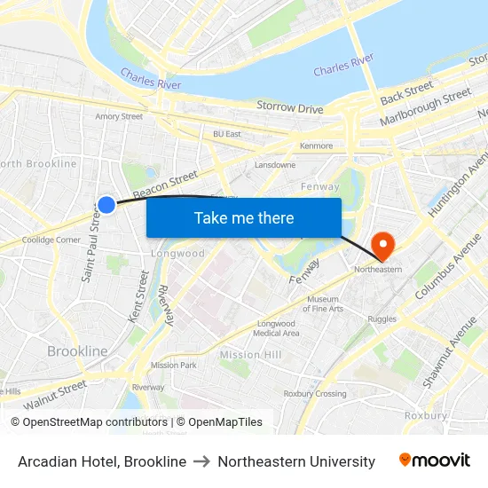 Arcadian Hotel, Brookline to Northeastern University map