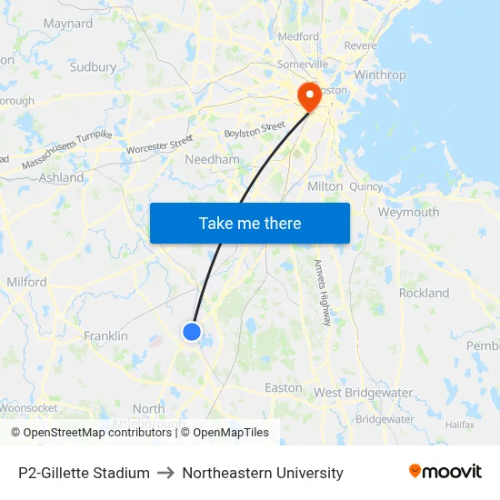 P2-Gillette Stadium to Northeastern University map