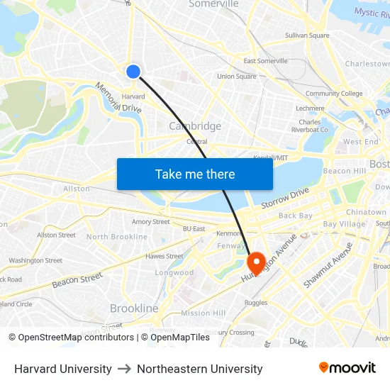 Harvard University to Northeastern University map