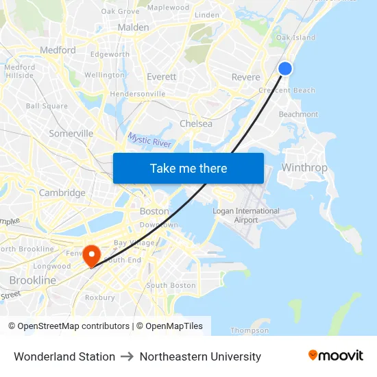 Wonderland Station, 1300 North Shore to Northeastern University map