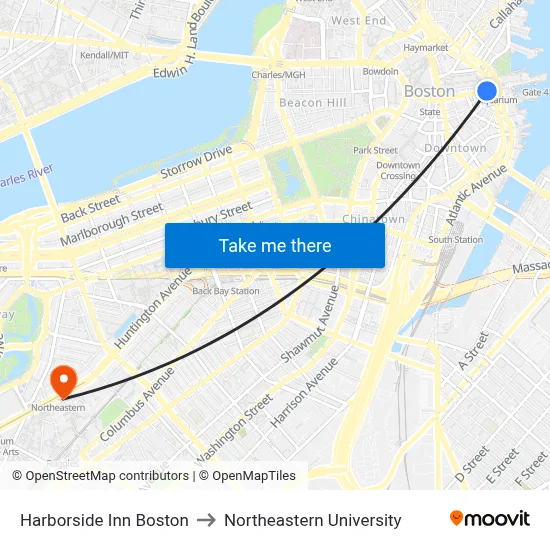 Harborside Inn Boston, 185 State St to Northeastern University map