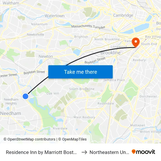 Residence Inn by Marriott Boston Needham, 80 B St to Northeastern University map
