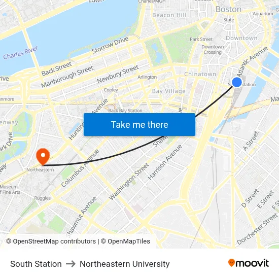 South Station to Northeastern University map