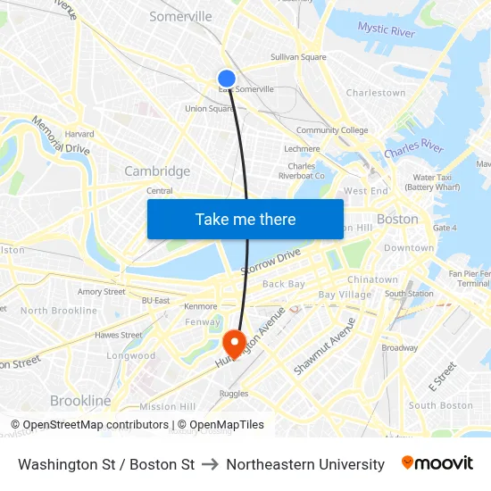 Washington St / Boston St to Northeastern University map
