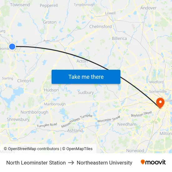 North Leominster Station to Northeastern University map
