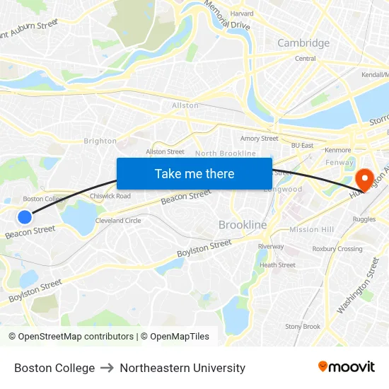 Boston College to Northeastern University map