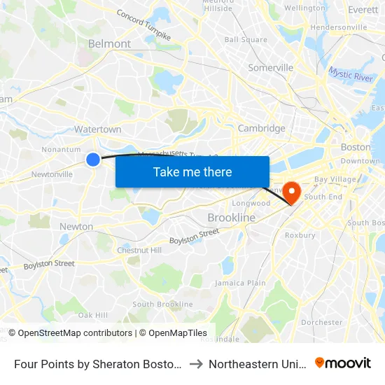 Crowne Plaza Boston Newton to Northeastern University map