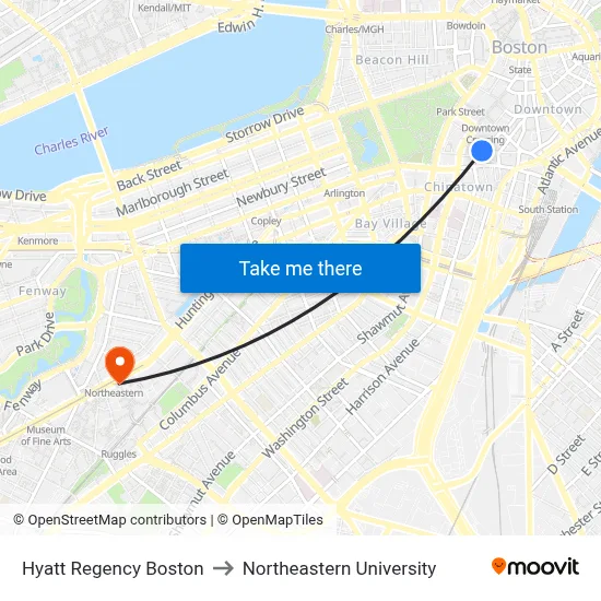 Hyatt Regency Boston to Northeastern University map