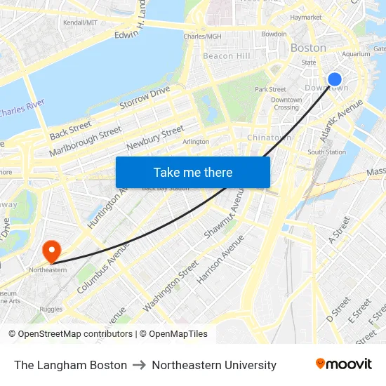 The Langham Boston to Northeastern University map
