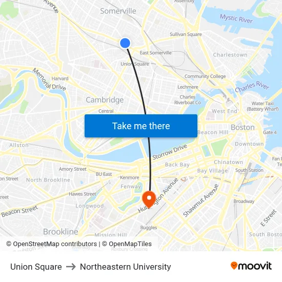 Union Square to Northeastern University map