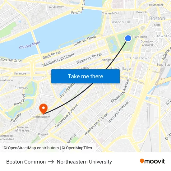 Boston Common to Northeastern University map