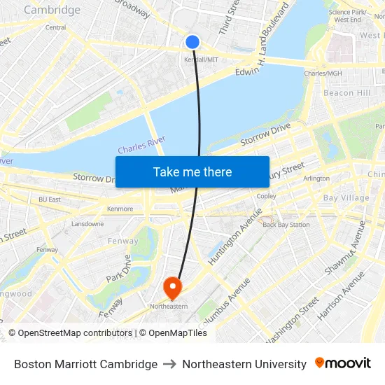 Boston Marriott Cambridge to Northeastern University map