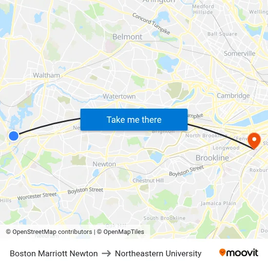 Boston Marriott Newton to Northeastern University map