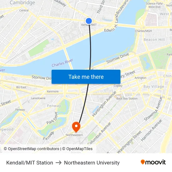 Kendall/MIT Station to Northeastern University map