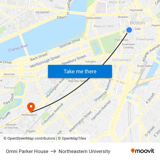 Omni Parker House to Northeastern University map