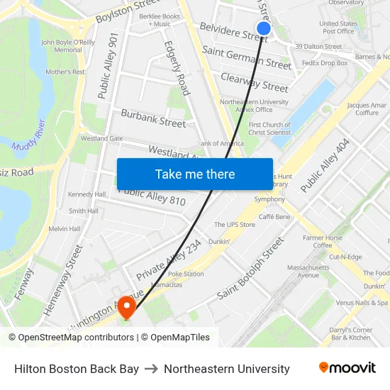 Hilton Boston Back Bay to Northeastern University map
