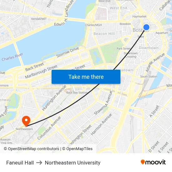 Faneuil Hall to Northeastern University map