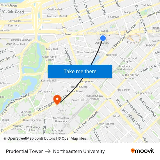 Prudential Tower to Northeastern University map
