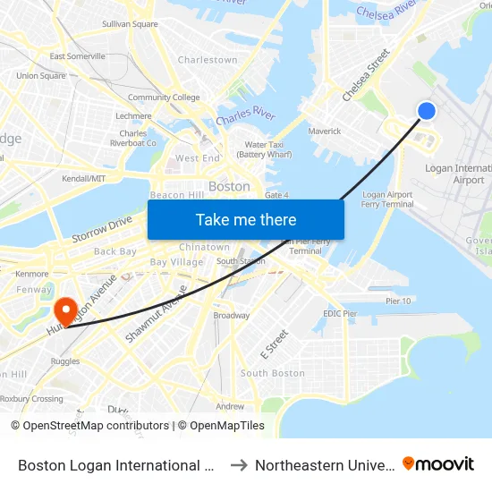 Boston Logan International Airport to Northeastern University map
