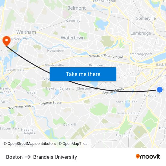 Boston to Brandeis University map