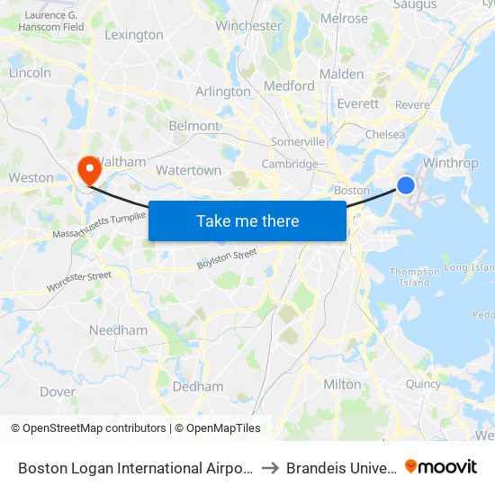 Boston Logan International Airport (Bos) to Brandeis University map