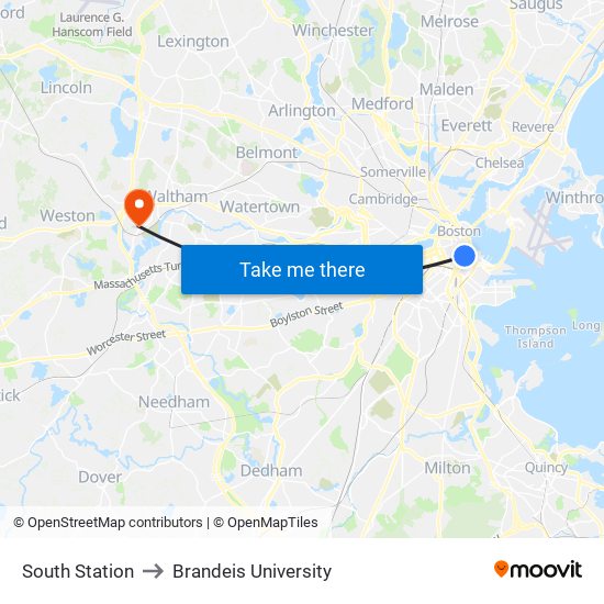 South Station to Brandeis University map