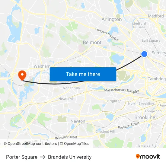 Porter Square to Brandeis University map