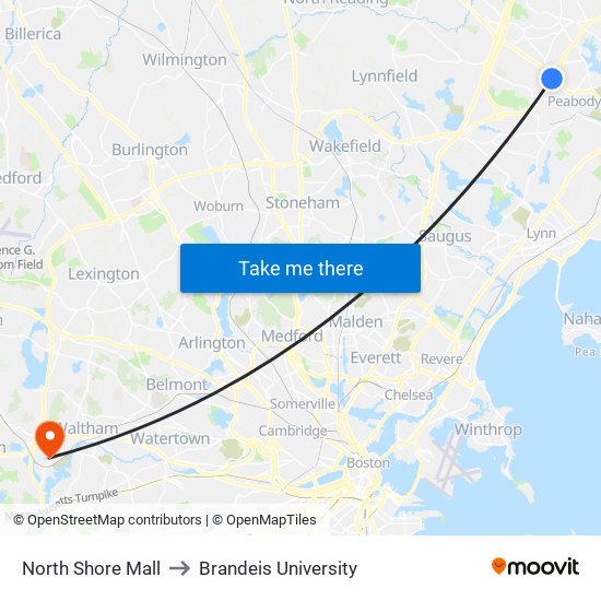 North Shore Mall to Brandeis University map