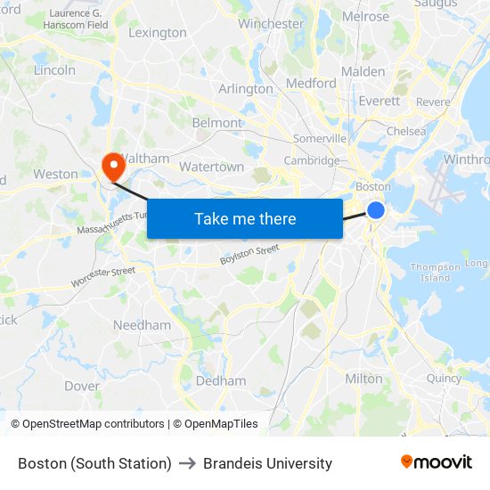 Boston (South Station) to Brandeis University map