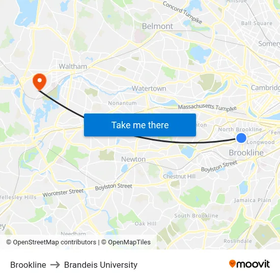 Brookline to Brandeis University map