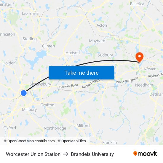 Worcester Union Station to Brandeis University map