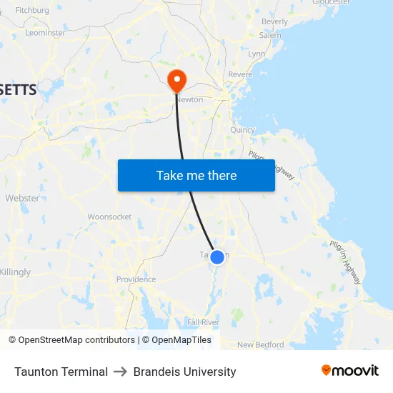 Taunton Terminal to Brandeis University map