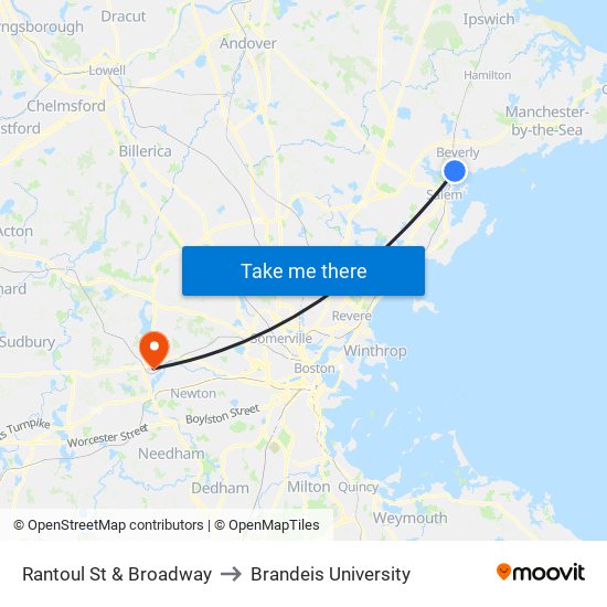 Rantoul St & Broadway to Brandeis University map