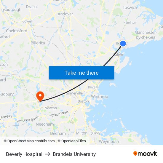 Beverly Hospital to Brandeis University map