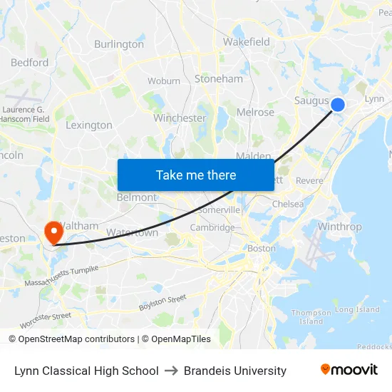 Lynn Classical High School to Brandeis University map
