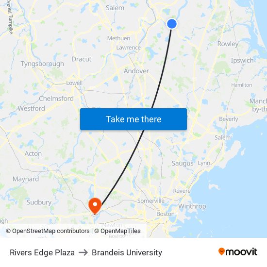 Rivers Edge Plaza to Brandeis University map