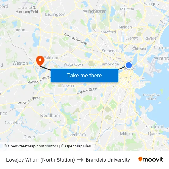 Lovejoy Wharf (North Station) to Brandeis University map