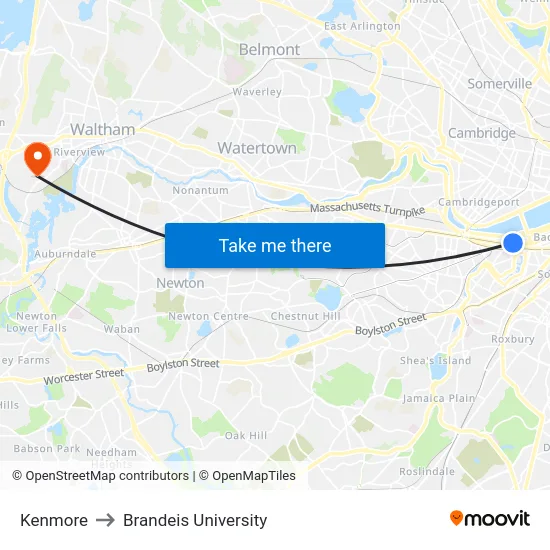 Kenmore to Brandeis University map