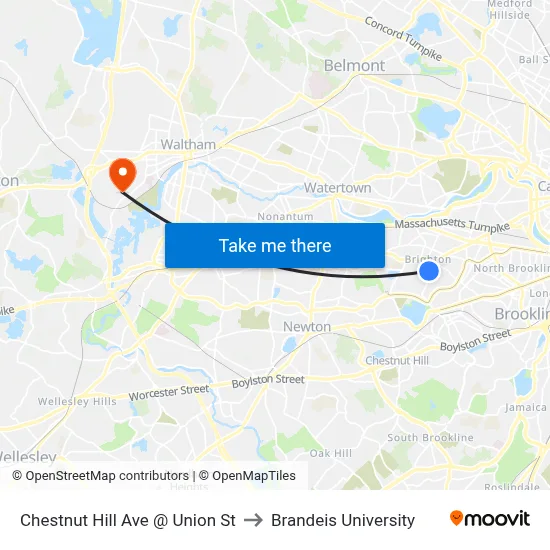 Chestnut Hill Ave @ Union St to Brandeis University map