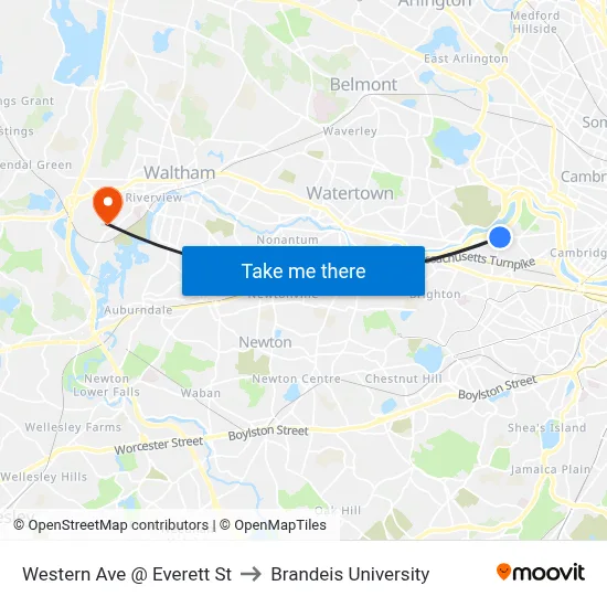 Western Ave @ Everett St to Brandeis University map
