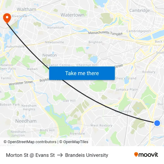 Morton St @ Evans St to Brandeis University map