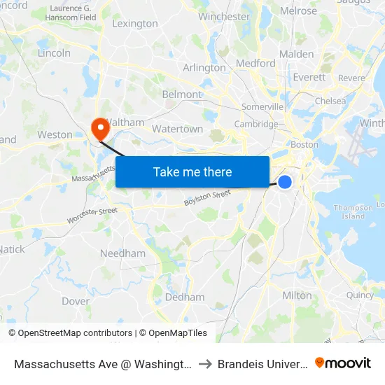 Massachusetts Ave @ Washington St to Brandeis University map