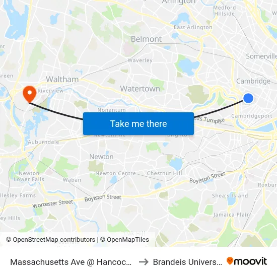 Massachusetts Ave @ Hancock St to Brandeis University map