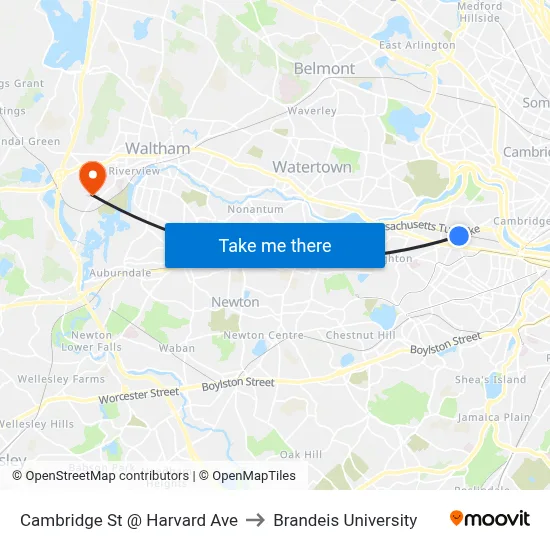 Cambridge St @ Harvard Ave to Brandeis University map