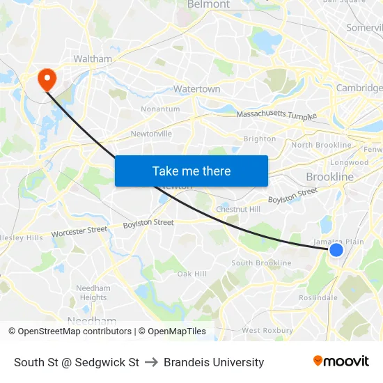 South St @ Sedgwick St to Brandeis University map