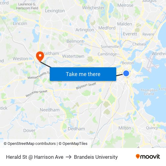 Herald St @ Harrison Ave to Brandeis University map