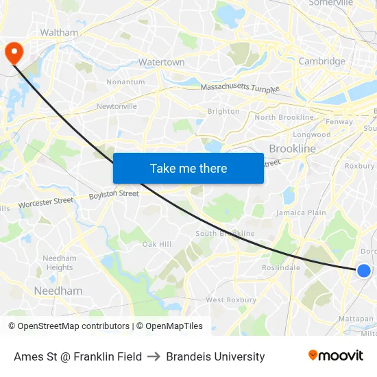 Ames St @ Franklin Field to Brandeis University map