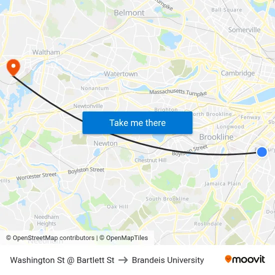 Washington St @ Bartlett St to Brandeis University map