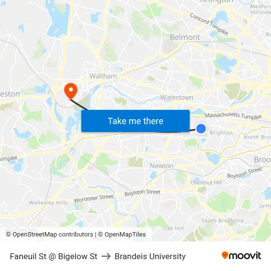 Faneuil St @ Bigelow St to Brandeis University map